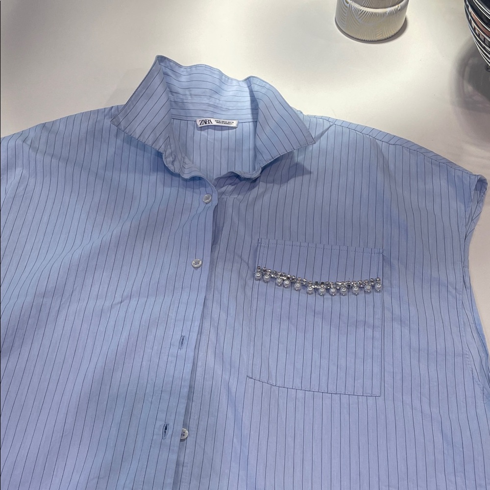 Zara Sky Blue Pinstripe Sleeveless Dress Shirt with Crystal Pocket Trim